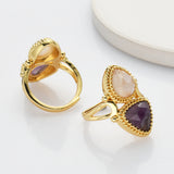 Unique Triangle Amethyst & Teardrop Gemstone Ring, Gold Plated, Faceted Stone Ring, Adjustable, Crystal Jewelry WX2231