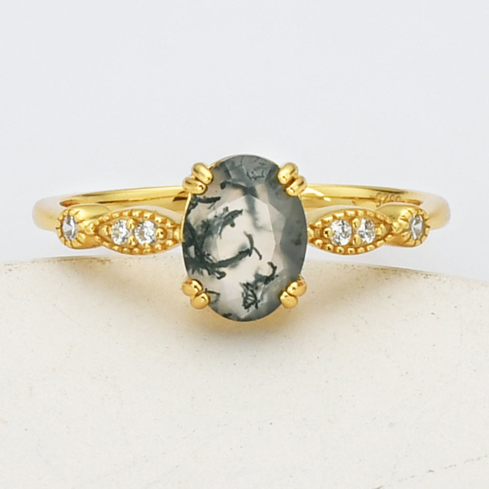 Gold Oval Natural Moss Agate Ring, Sterling Silver, Faceted Gemstone Ring Jewelry SS271-1