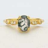 925 Sterling Silver Gold Claw Oval Natural Moss Agate Ring SS271-1