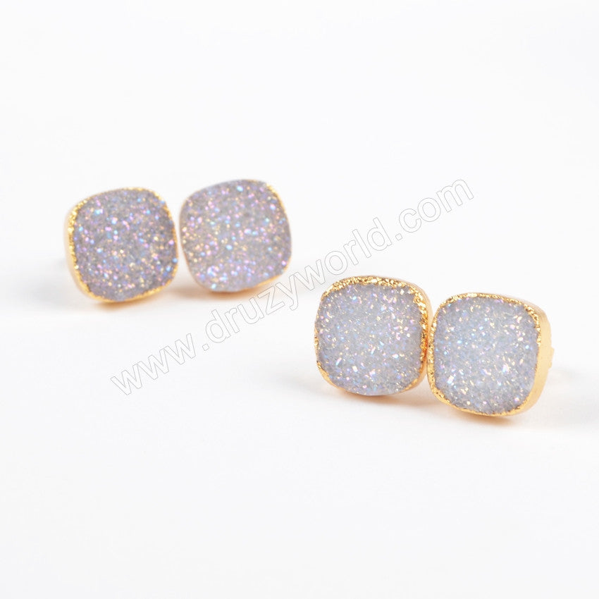 Gold Plated Square 12mm Natural Agate Titanium AB White Druzy Stud Earrings G0880
