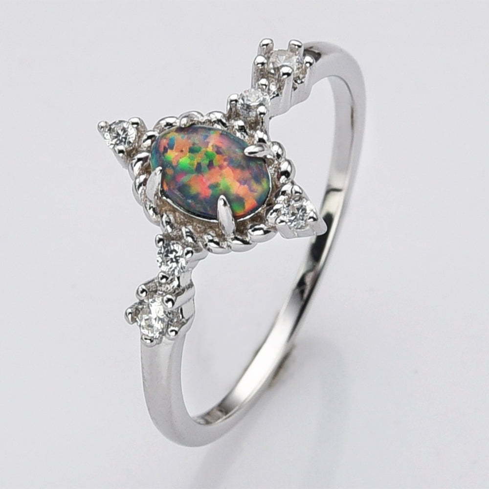 925 Sterling Silver Oval Black Opal Ring, CZ Pave, Fashion Jewelry SS288-1