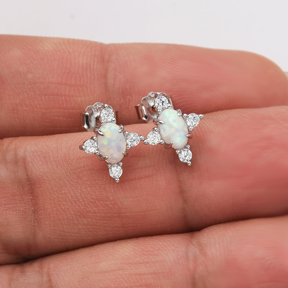 925 Sterling Silver Oval White Opal Stud Earrings, CZ Pave, Fashion Gemstone Earrings Jewelry SS290-3