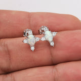 925 Sterling Silver Oval White Opal Stud Earrings, CZ Pave, Fashion Jewelry SS290-3