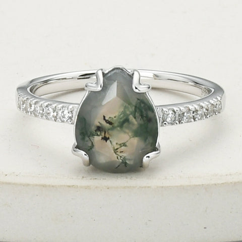 925 Sterling Silver Drop Natural Moss Agate Ring, CZ Micro Pave SS267-2
