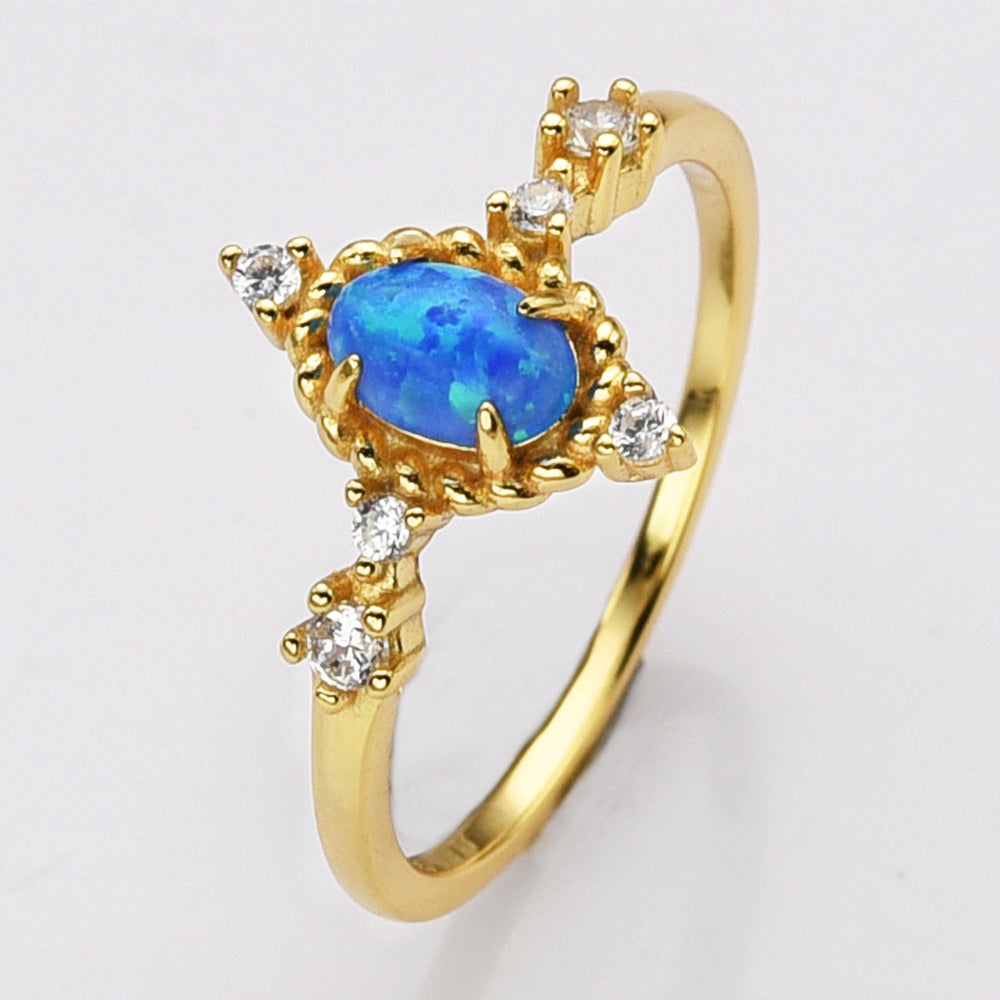 Gold Plated Oval Blue Opal Ring, 925 Sterling Silver, CZ Jewelry Ring SS287-2