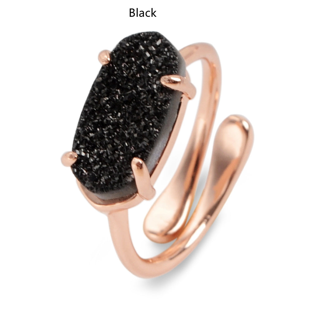 black druzy ring, Rose Gold Claw Hexagon Titanium Druzy Ring, Adjustable, Agate Drusy Gemstone Ring, Boho Jewelry ZG0320