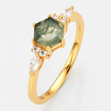 Gold Plated 925 Sterling Silver White CZ Hexagon Moss Agate Faceted Ring SS276RG