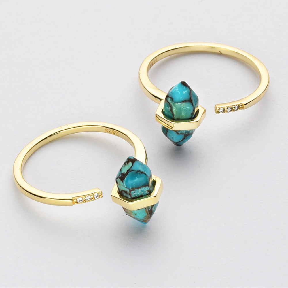 Gold Plated Hexagon Point Turquoise Garnet Aquamarine Gemstone Faceted CZ Micro Pave Adjustable Ring Jewelry ZG0490
