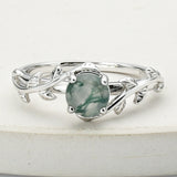 925 Sterling Silver Round Natural Moss Agate CZ Leaf Ring SS268-2