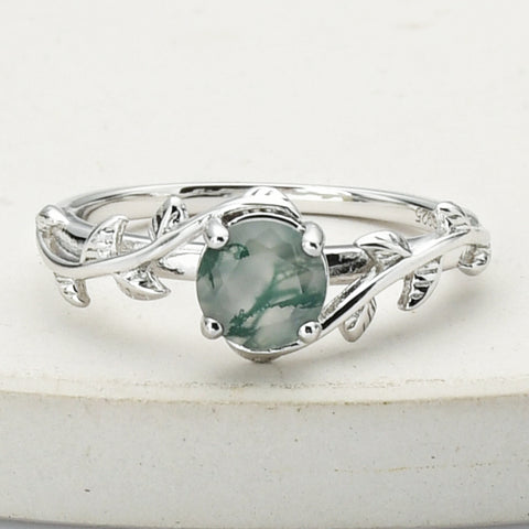 925 Sterling Silver Round Natural Moss Agate Statement Ring, Silver Leaf Ring SS268-2