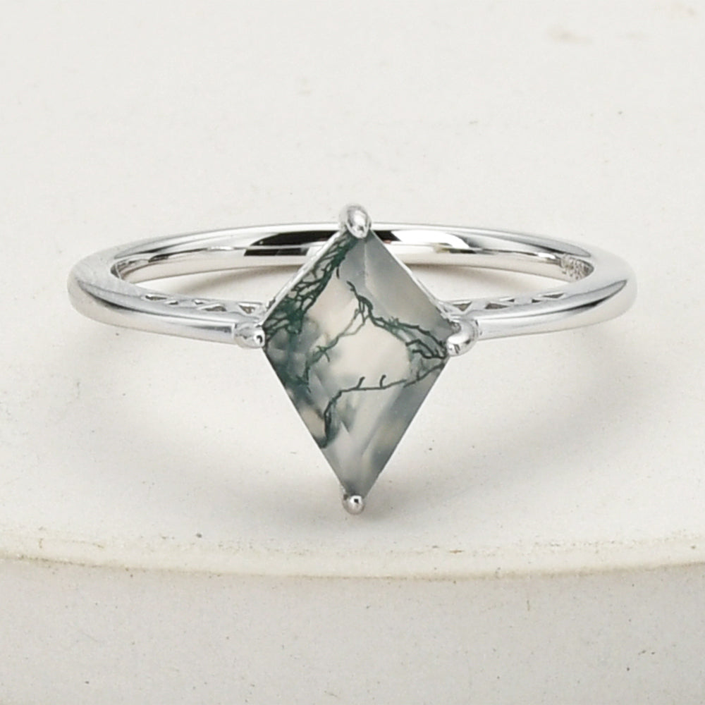 925 Sterling Silver Diamond Natural Moss Agate Ring, Gemstone Jewelry SS270-2