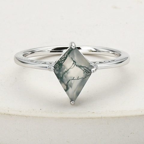 925 Sterling Silver Diamond Natural Moss Agate Ring, Faceted Gemstone Jewelry SS270-2