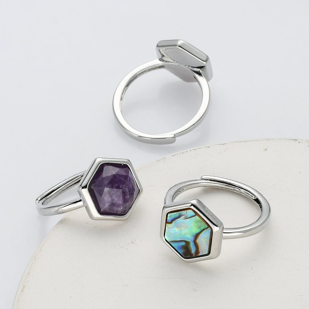 Hexagon Silver Gemstone Ring, Adjustable Size, Birthstone Ring, Natural Crystal Jewelry WX2233