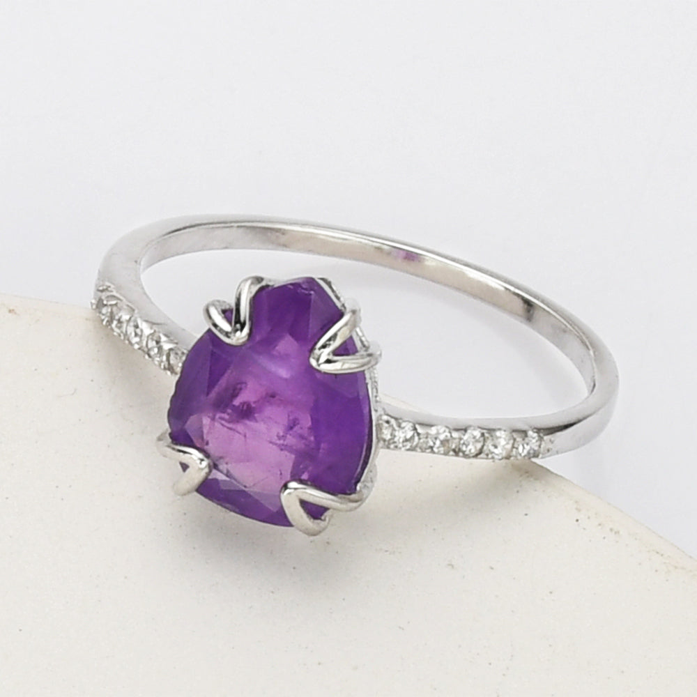 S925 Sterling Silver Claw amethyst Ring, CZ Micro Pave, Teardrop Faceted Gemstone Crystal Ring, Birthstone Jewelry SS265