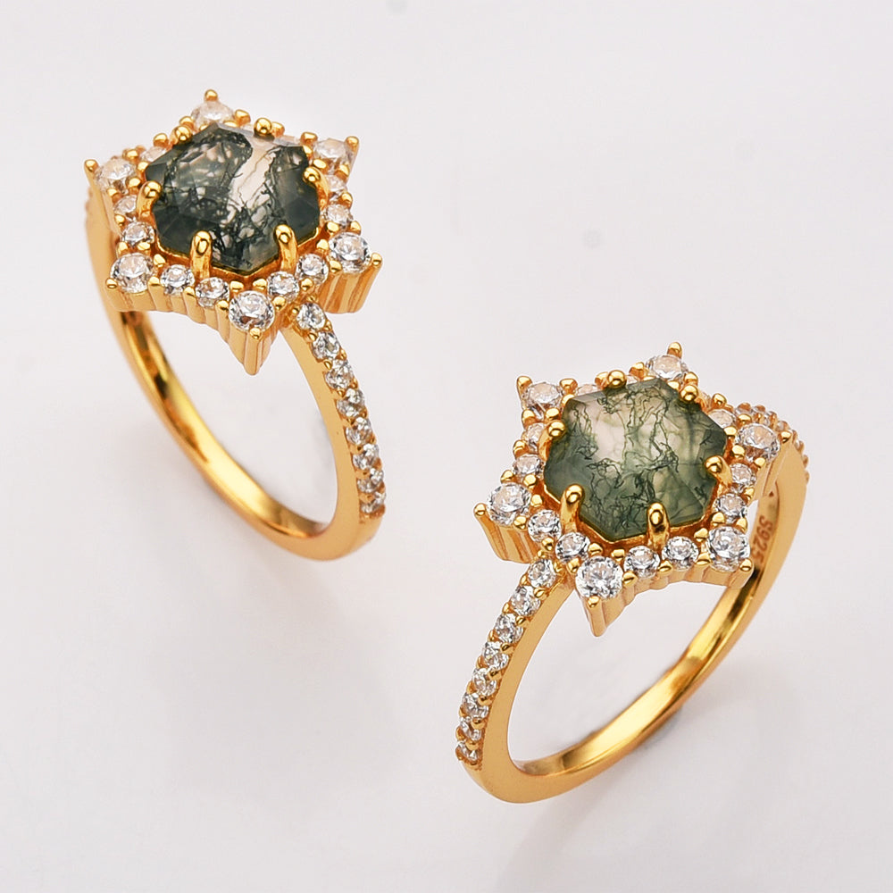 Gold Plated Hexagon Natural Moss Agate CZ Ring, 925 Sterling Silver Ring Jewelry SS291-1