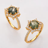 Gold Plated Hexagon Natural Moss Agate CZ Ring, 925 Sterling Silver Ring Jewelry SS291RG