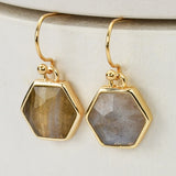 Gold Plated Hexagon Moonstone Earrings, Faceted Gemstone Earrings, Healing Crystal Jewelry ZG0503