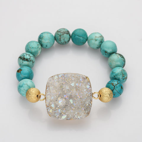 Gold Big Square Druzy & 12mm Blue Howlite Turquoise Beads Stretch Bracelet, Handmade Boho Jewelry AL675