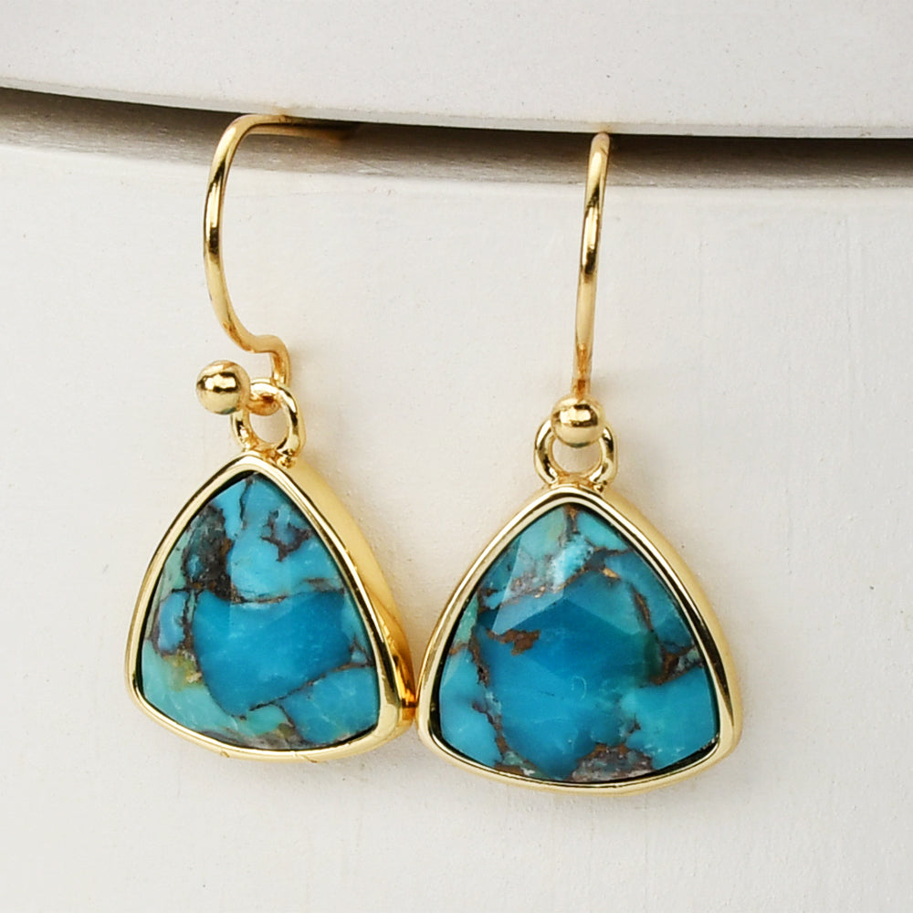 gold triangle copper turquoise earrings, gemstone jewelry