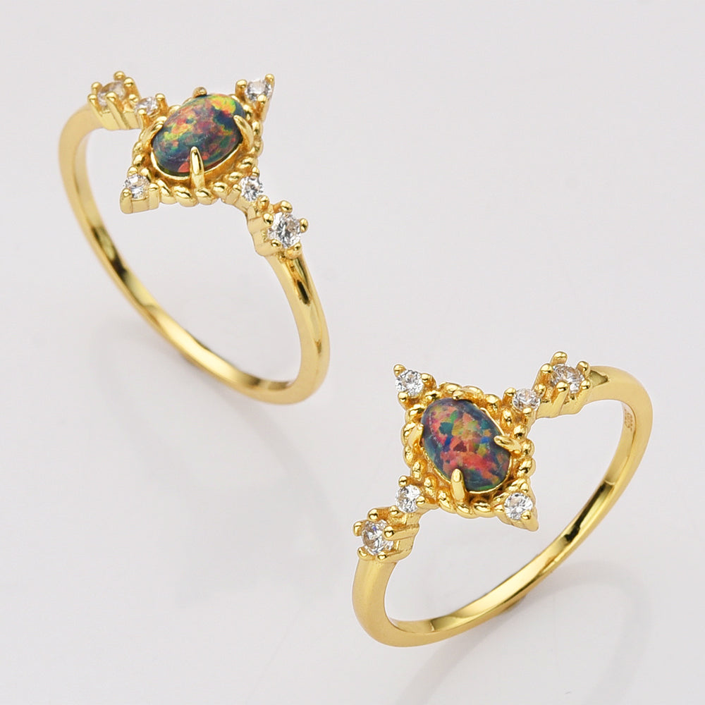 Gold Plated Oval Black Opal Ring, 925 Sterling Silver, CZ Jewelry Ring SS287-1