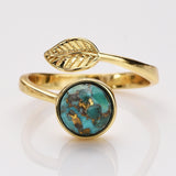 Gold Plated Leaf Round Gemstone Faceted Adjustable Rings, Natural Crystals Rings ZG0533