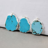 Silver Plated Freeform Blue Howlite Turquoise Slice Pendant, Aqua Stone Pendant S0180