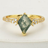 925 Sterling Silver Gold Diamond Moss Agate CZ Micro Pave Ring SS269-1