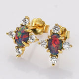 925 Sterling Silver Oval Black Opal Stud Earrings in Gold Plated, CZ Pave, Fashion Gemstone Earrings Jewelry SS289EG-1