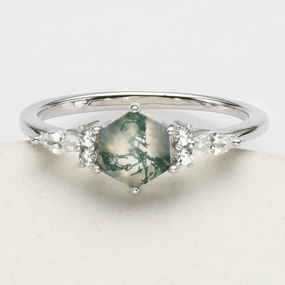 Sterling Silver White Diamond Hexagon Natural Moss Agate Faceted Ring, Fashion Gemstone Jewelry SS277