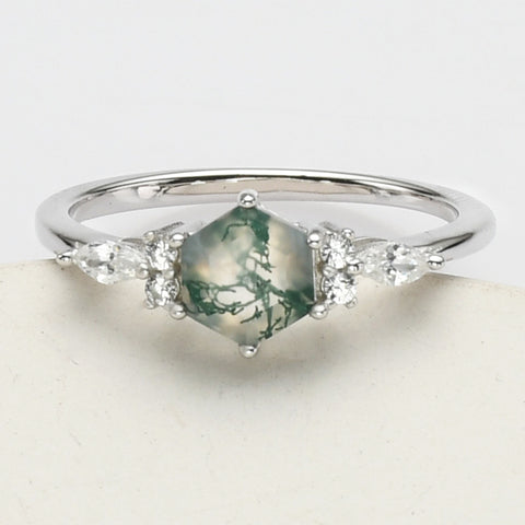 Sterling Silver White Diamond Hexagon Natural Moss Agate Faceted Ring, Fashion Gemstone Jewelry SS277