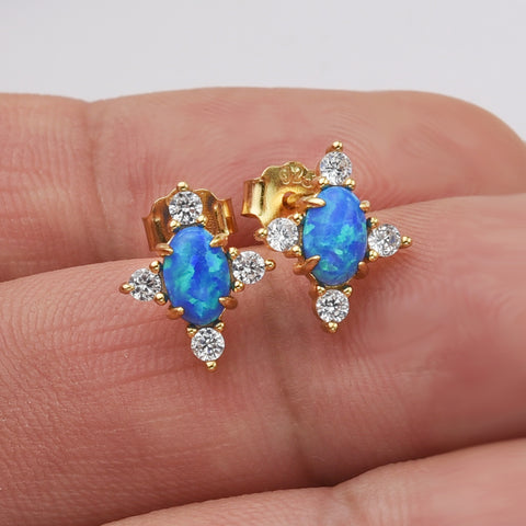 925 Sterling Silver Blue Opal Zircon Stud Earrings in Gold Plated, Fashion Jewelry SS289EG-2