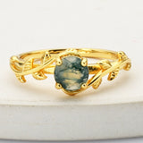 925 Sterling Silver Gold Round Natural Moss Agate Zircon Leaf Ring SS268-1