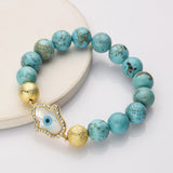 Gold Evil Eye Hamsa Palm White Shell Stretch Bracelet, CZ Micro Pave, 10mm Blue Howlite Turquoise Beads, Boho Jewelry AL730