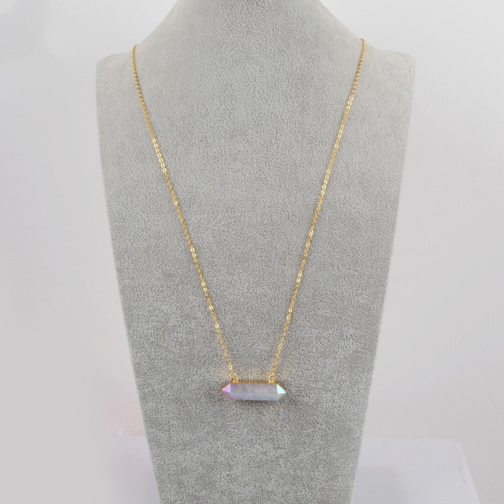 30" Gold Plated Long Hexagon Natural Titanium AB White Aura Crystal Terminated Point Necklace G1868-N