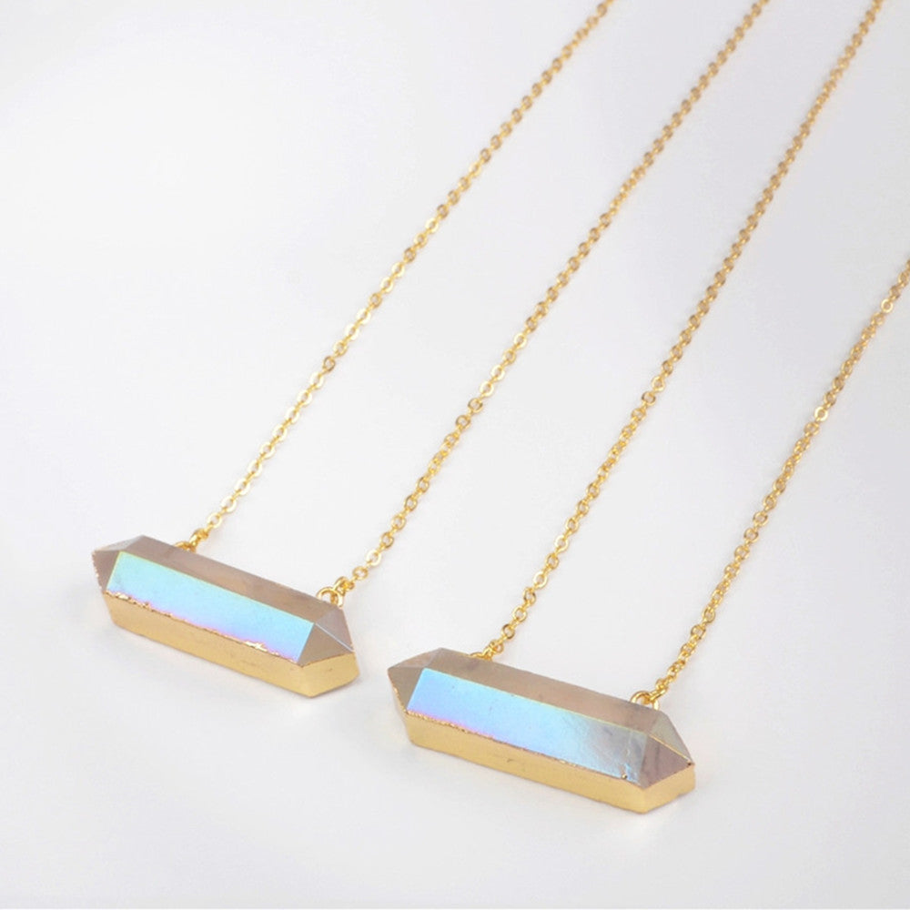 30" Gold Plated Long Hexagon Natural Titanium AB White Aura Crystal Terminated Point Necklace G1868-N