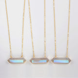 30" Gold Plated Long Hexagon Natural Titanium AB White Aura Crystal Terminated Point Necklace G1868-N