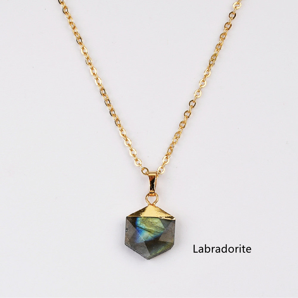 18"  Gold Plated Hexagon Rainbow Gemstone Faceted Pendant Necklace G2072-N