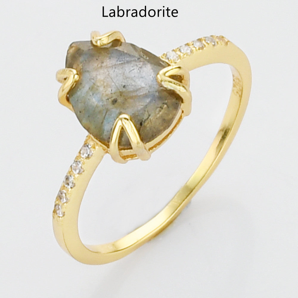 Labradorite Ring Teardrop Gold Multi Gemstone CZ Ring, Faceted Birthstone Ring, Healing Crystal Stone Ring, Simple Fashion Jewelry For Women SS257