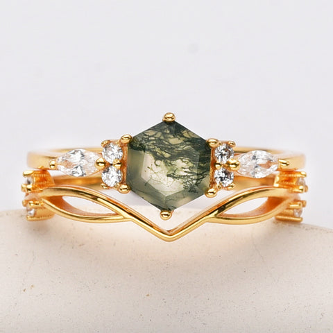 2pcs Set of Gold Plated 925 Sterling Silver White CZ Hexagon Moss Agate Faceted Ring SS276-2