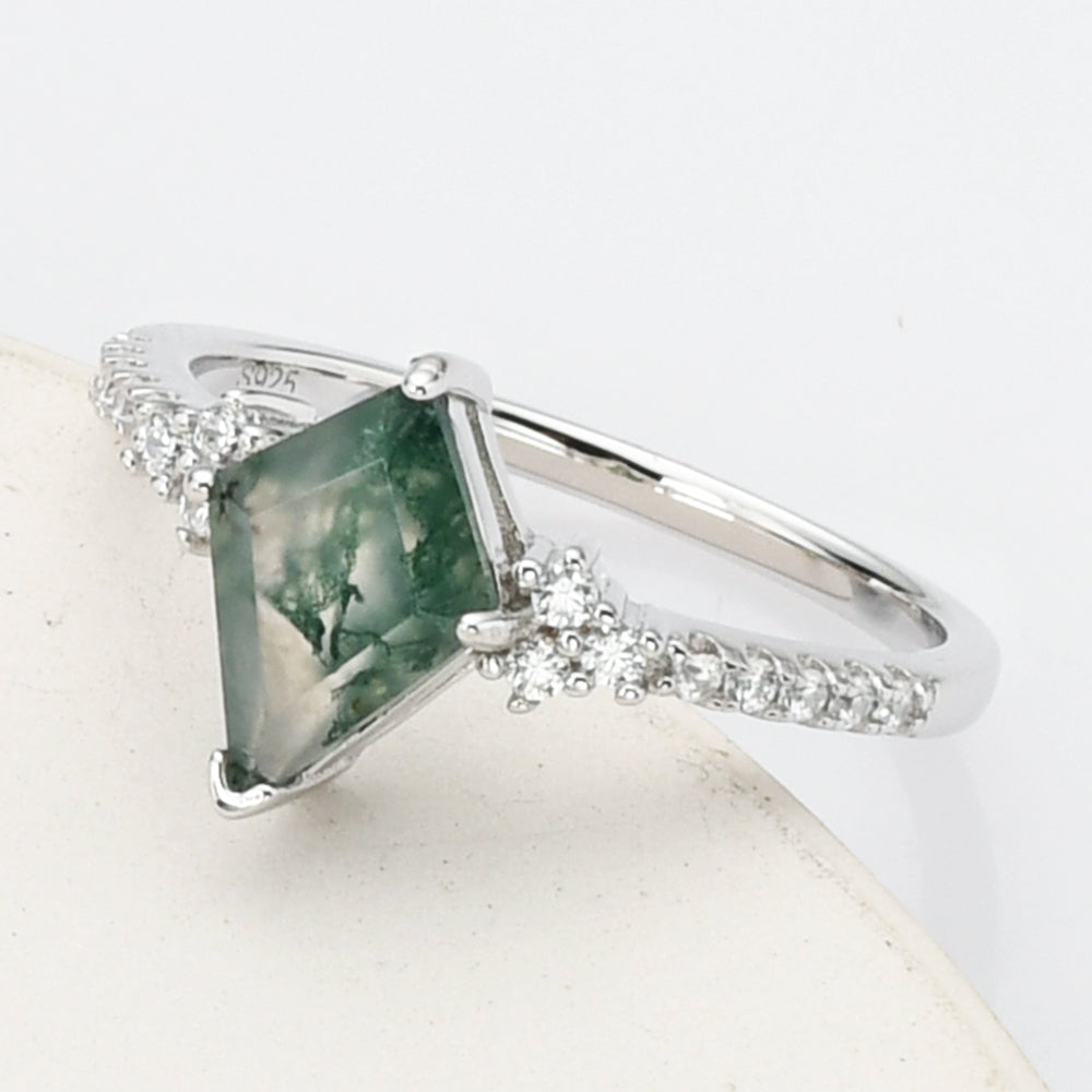 925 Sterling Silver Diamond Natural Moss Agate Statement Ring, CZ Micro Pave Ring SS269-2