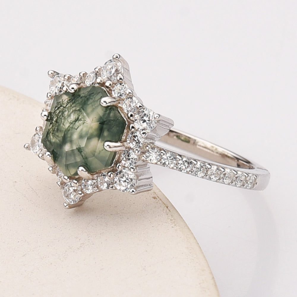 925 Sterling Silver Hexagon Natural Moss Agate Ring, Zircon Ring, Fashion Jewelry SS291-2