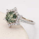 925 Sterling Silver Hexagon Natural Moss Agate Ring, Zircon Ring, Fashion Jewelry SS291RS