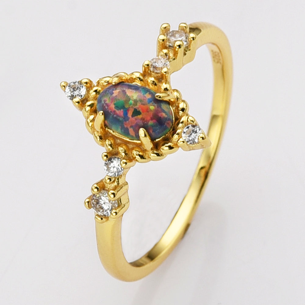 Gold Plated Oval Black Opal Ring, 925 Sterling Silver, CZ Jewelry Ring SS287-1