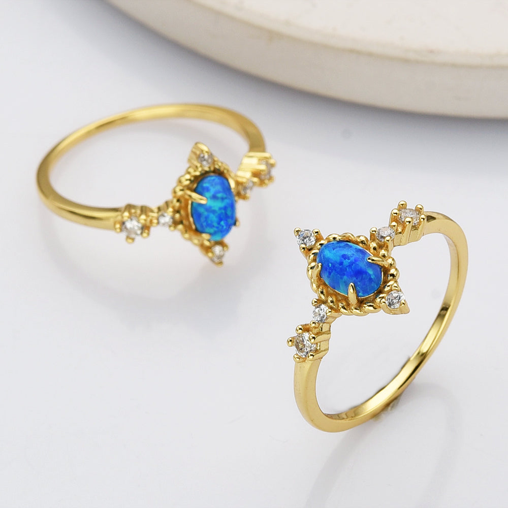 Gold Plated Oval Blue Opal Ring, 925 Sterling Silver, CZ Jewelry Ring SS287-2