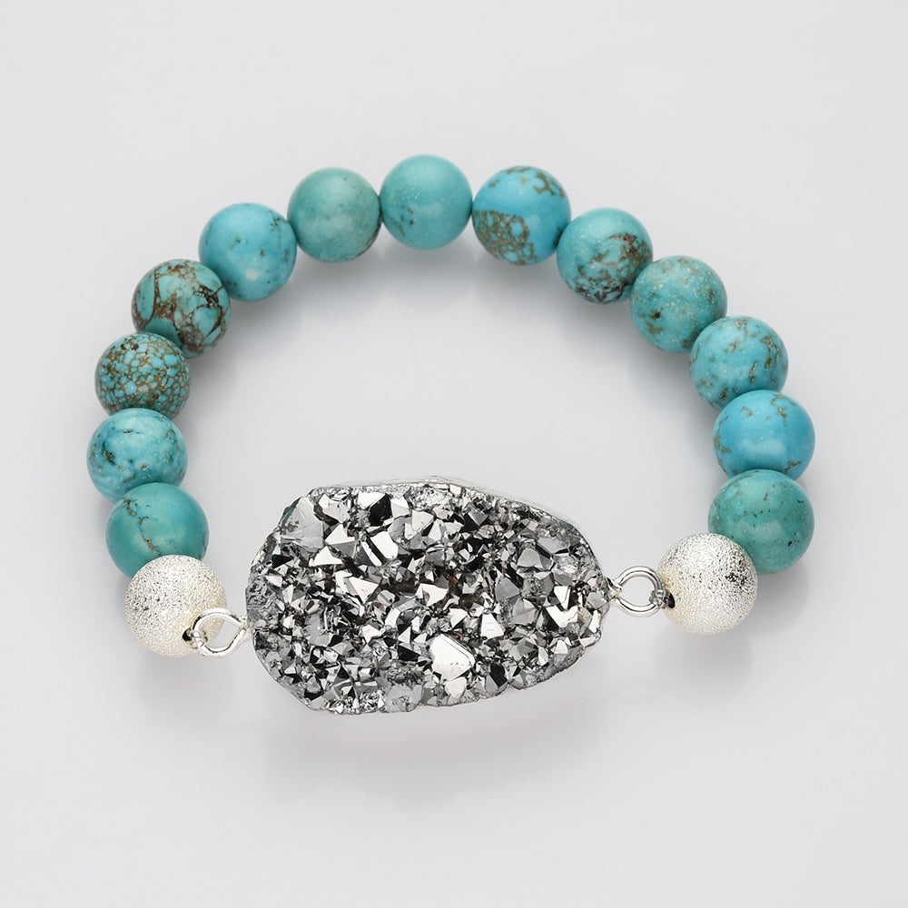 Silver Titanium Druzy & 10mm Blue Howlite Turquoise Beads Stretch Bracelet, Handmade Boho Jewelry AL676