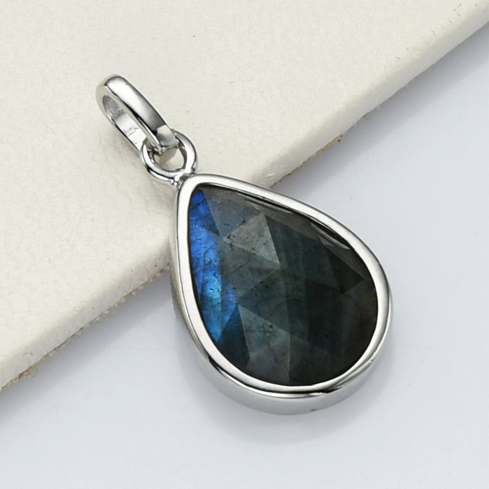 Teardrop Silver Plated Gemstone Pendant, Pear Faceted Crystal Stone Charm, Making Jewelry Craft ZS0508 labradorite jewelry