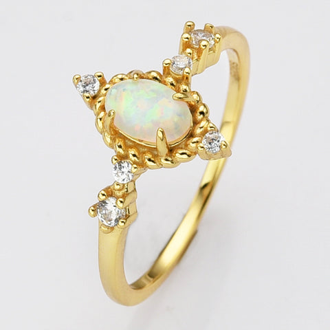 925 Sterling Silver Oval White Opal Ring in Gold Plated, Zircon Ring, Fashion Jewelry For Her SS287-3