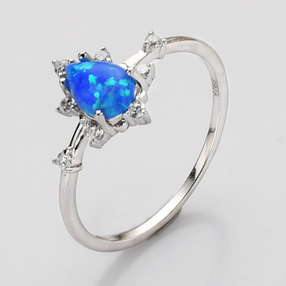 silver CZ blue  opal ring, S925 Sterling Silver Opal Rings, CZ Micro Pave, Teardrop Fire Opal Jewelry SS266