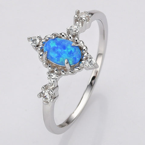 925 Sterling Silver Oval Blue Opal Ring, CZ Pave, Fashion Jewelry SS288-2