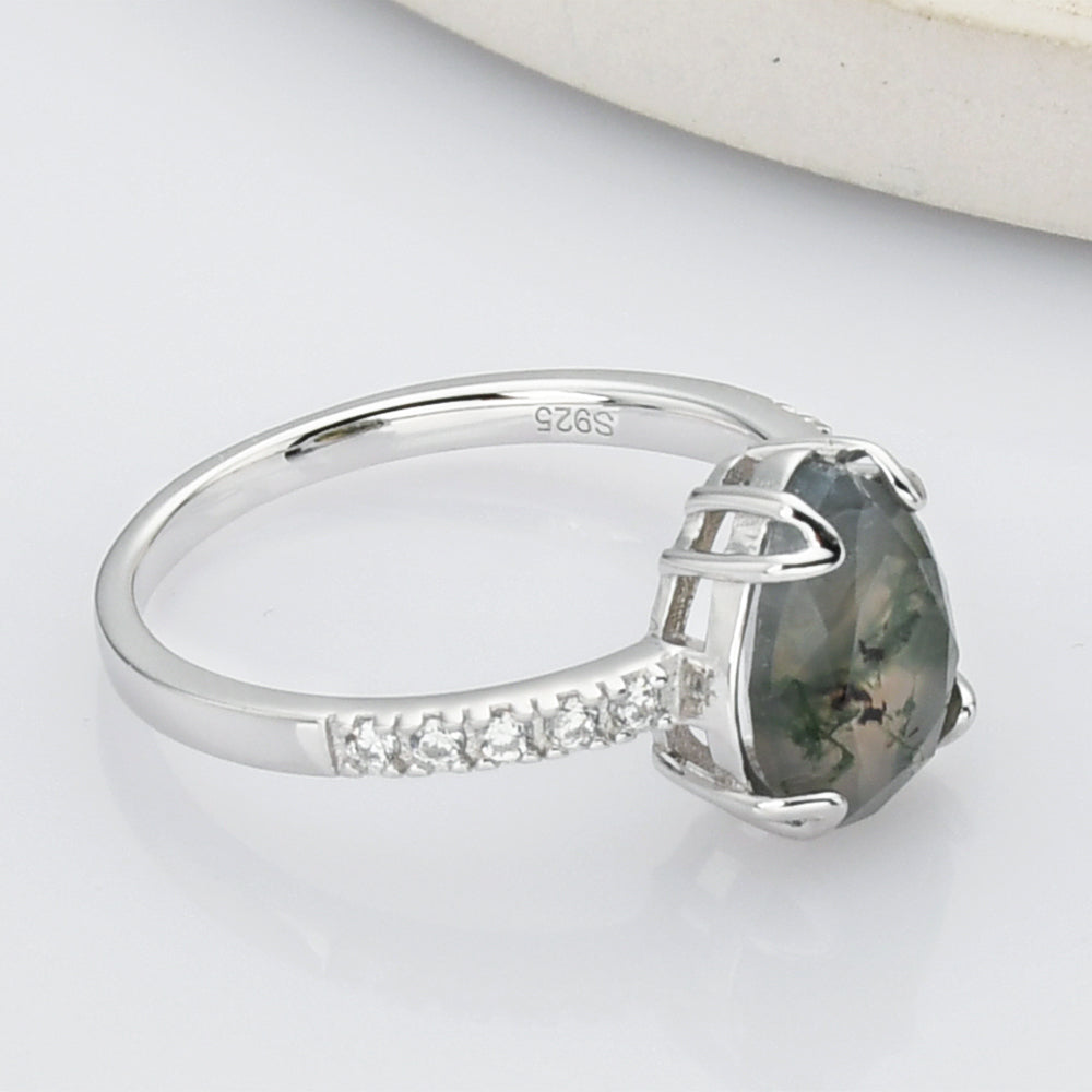 925 Sterling Silver Drop Natural Moss Agate Ring, CZ Micro Pave SS267-2